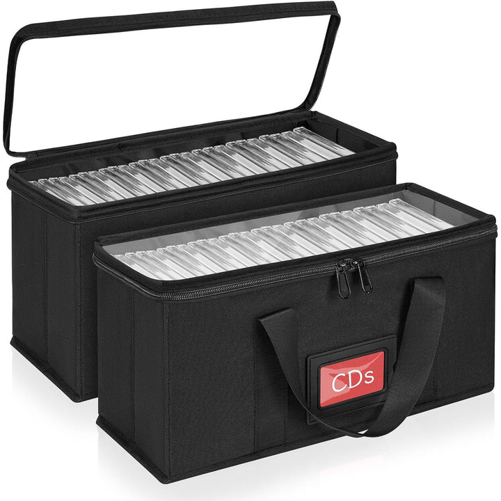 2 Pack CD Storage Boxes, CD Case Holder Organizer with Clear PVC Lid and Index Labels- 13.4"x 6.3"x 5.5" CDs Storage Holder Bags, Each Hold up to 31 CDs Jewel Cases or 170 Discs
