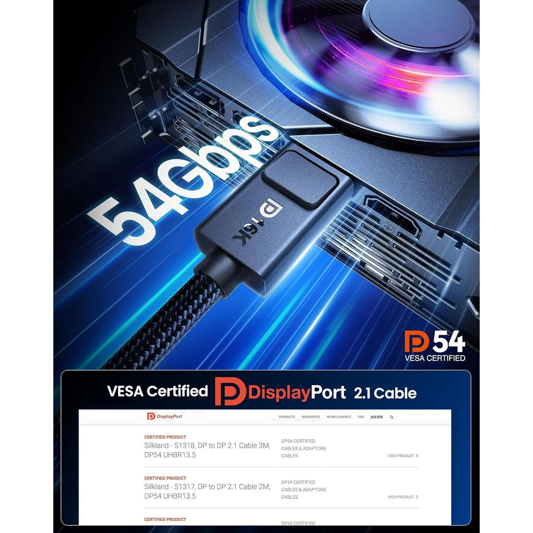 54Gbps DisplayPort Cable 2.1 [VESA Certified], [8K@165Hz, 4K@480Hz 360Hz 240Hz] DP 2.1 Cable 16K, DP54 HDR DSC Display Port Cord Compatible FreeSync G-Sync Gaming Monitor 5090 7900XTX 6.6FT