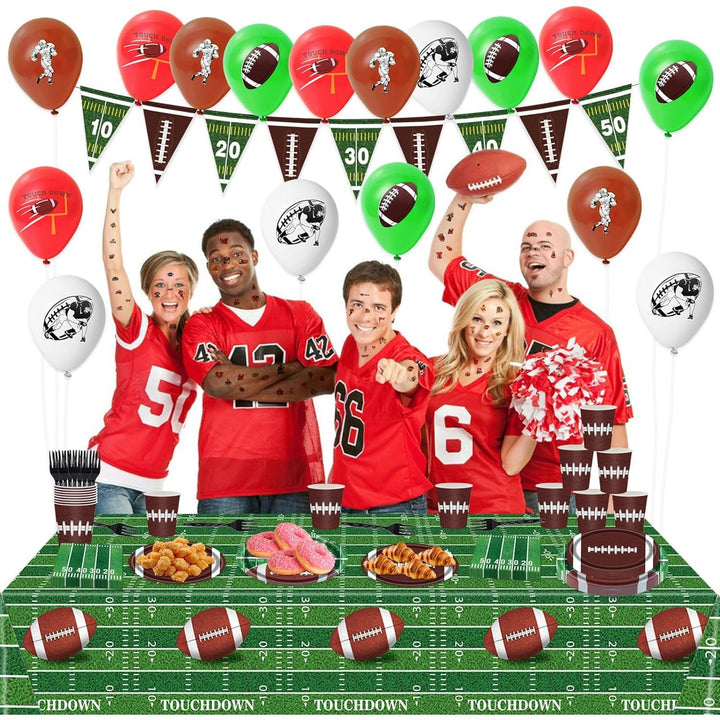128Pcs Football Birthday Party Supplies; Serves 20 Guests; Includes Plates, Cups, Napkins, Forks, Balloons, Banner, Tablecloth, Tattoos; Football Theme; Perfect for Birthday Parties