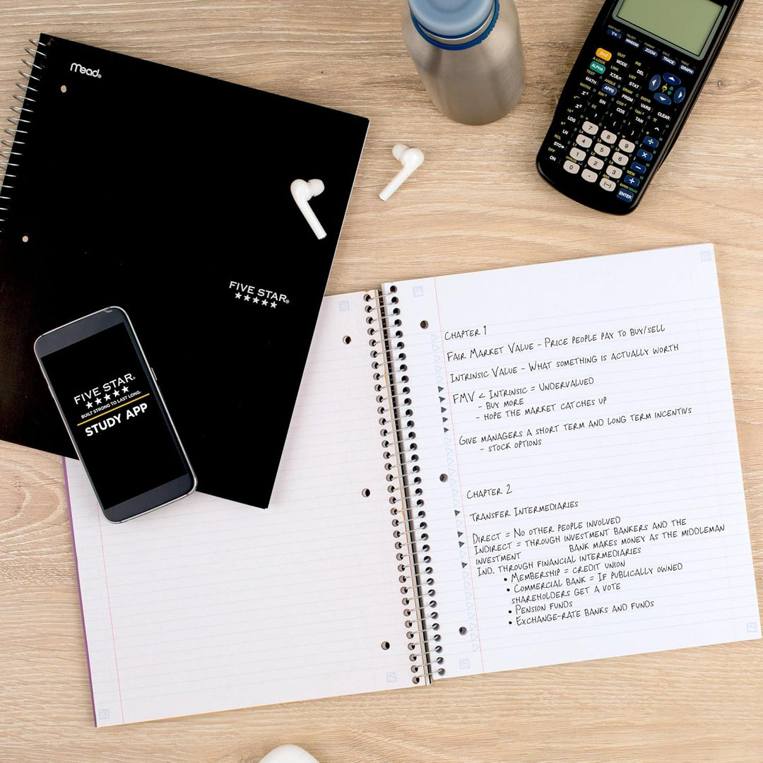Five Star 1-Subject Spiral Notebook, 8.5" x 11" Paper Size, College Ruled, 200 Pages/100 Sheets, Neat Sheet Perforated Pages, Wirebound, Black Poly Cover, Pack of 1 (72057)