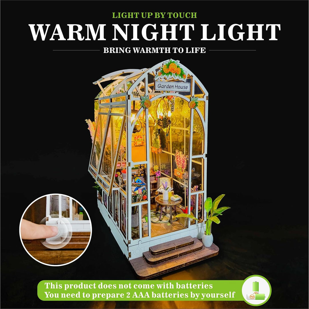 Garden House DIY Book Nook Kits Room Bookshelf Insert Miniature Decor Kit 3D Wooden Puzzle Bookshelf with Led Decor Suitable for Adults and Teenagers Craft Gifts
