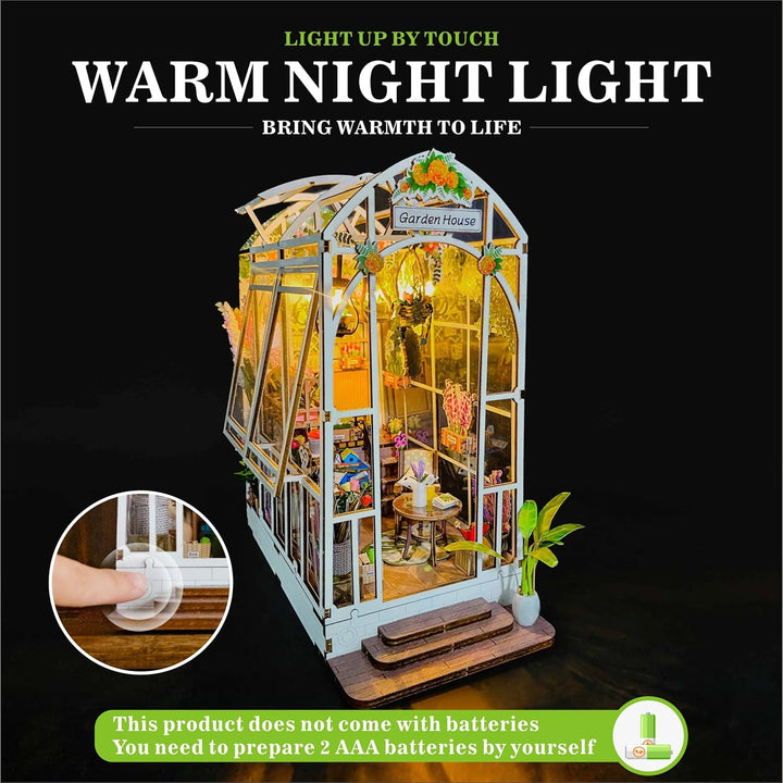 Garden House DIY Book Nook Kits Room Bookshelf Insert Miniature Decor Kit 3D Wooden Puzzle Bookshelf with Led Decor Suitable for Adults and Teenagers Craft Gifts