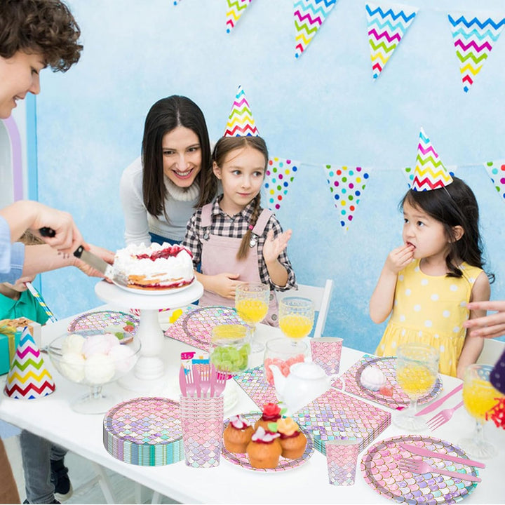 144PCS Mermaid Party Tableware Set Mermaid Birthday Party Supplies Sea-Maiden Plates Napkins Cups Forks Sea-Maiden Party Decorations Birthday Bridal Shower Baby Shower Decoration Serves 24