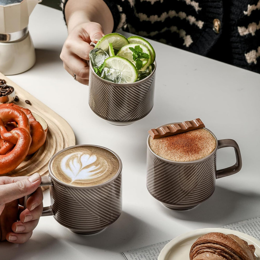 Stackable Coffee Mugs with Rack: 13 oz Stacking Ceramic Cups with Stand - Porcelain Stacked Tea Mug Set of 4 (Grey)