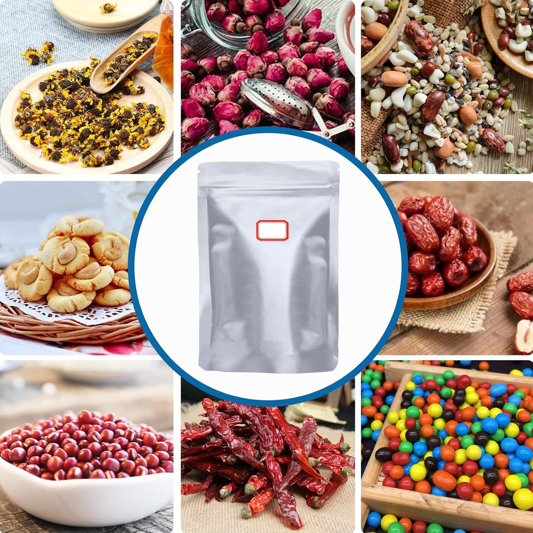 100 Pcs 1 Qt Mylar Resealable Bags for Food Storage, With 100 Pcs 200cc Oxygen Absorbers & 120 Labels, Aluminum Foil Long Term Fresh Bags for Kitchen Packaging, Ziplock Sealable Bags, 1 Quart Smell Proof Bags, Stand Up Bags, 8 mils