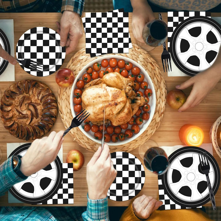 96PCS Racing Car Plates and Napkins Birthday Party Tableware Set Boys Kids Race Car Birthday Decorations Checkered Racing Birthday Party Supplies Plates Napkins Forks Serve 24