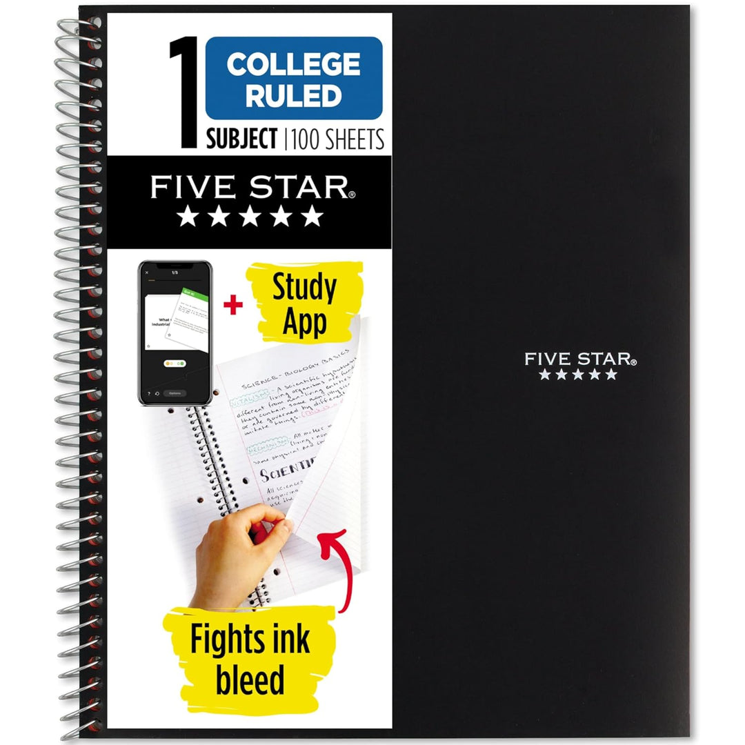 Five Star 1-Subject Spiral Notebook, 8.5" x 11" Paper Size, College Ruled, 200 Pages/100 Sheets, Neat Sheet Perforated Pages, Wirebound, Black Poly Cover, Pack of 1 (72057)