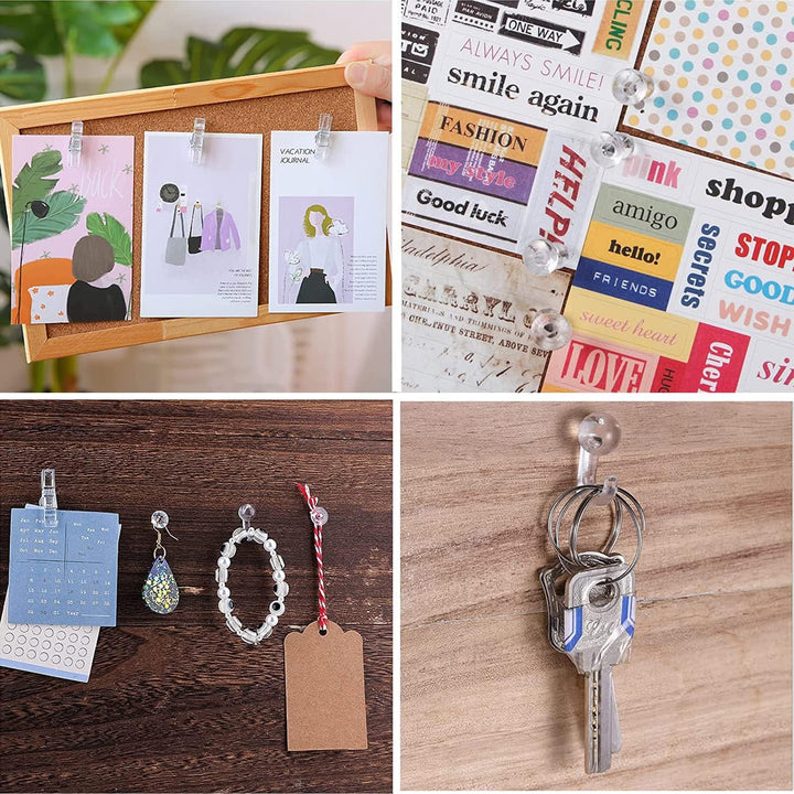 200pcs Push Pins Set, 5 Styles Clear Pushpin Clips with Stainless Steel Tips Heavy Duty Hooked Thumb Tacks, Decorative Plastic Heads Point Hook for Cork Board Foam Bulletin Board Artworks