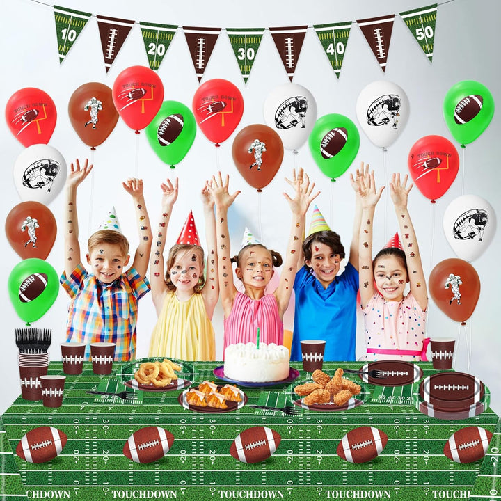 128Pcs Football Birthday Party Supplies; Serves 20 Guests; Includes Plates, Cups, Napkins, Forks, Balloons, Banner, Tablecloth, Tattoos; Football Theme; Perfect for Birthday Parties
