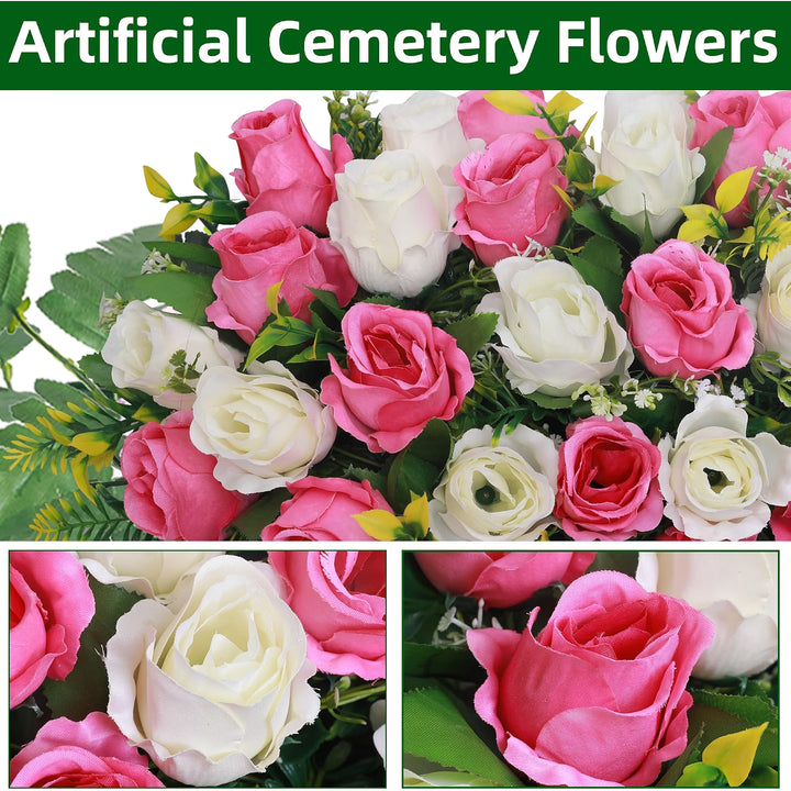 Artificial Cemetery Flower Saddles, Rose Headstone Flower Saddle Outdoor Grave Decorations,Cemetery Memorial Flowers with Vase for Grave Tombstone Decorations (Pink and White, Saddle)