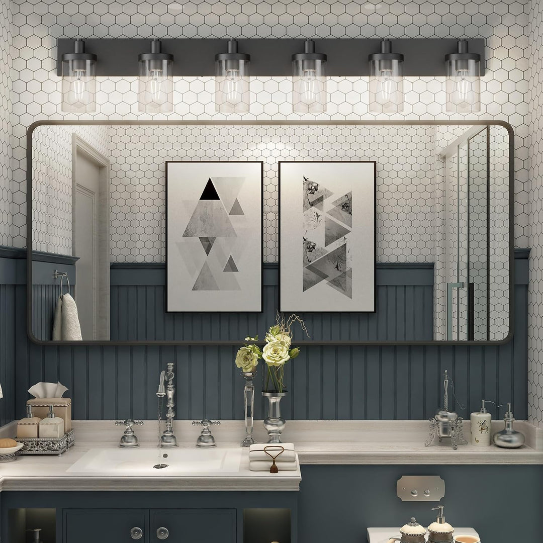 48in Vanity Light Black Bathroom Vanity Lighting Fixtures 6 Light Bathroom Light Fixtures with Clear Glass Shade(Exclude Bulb)
