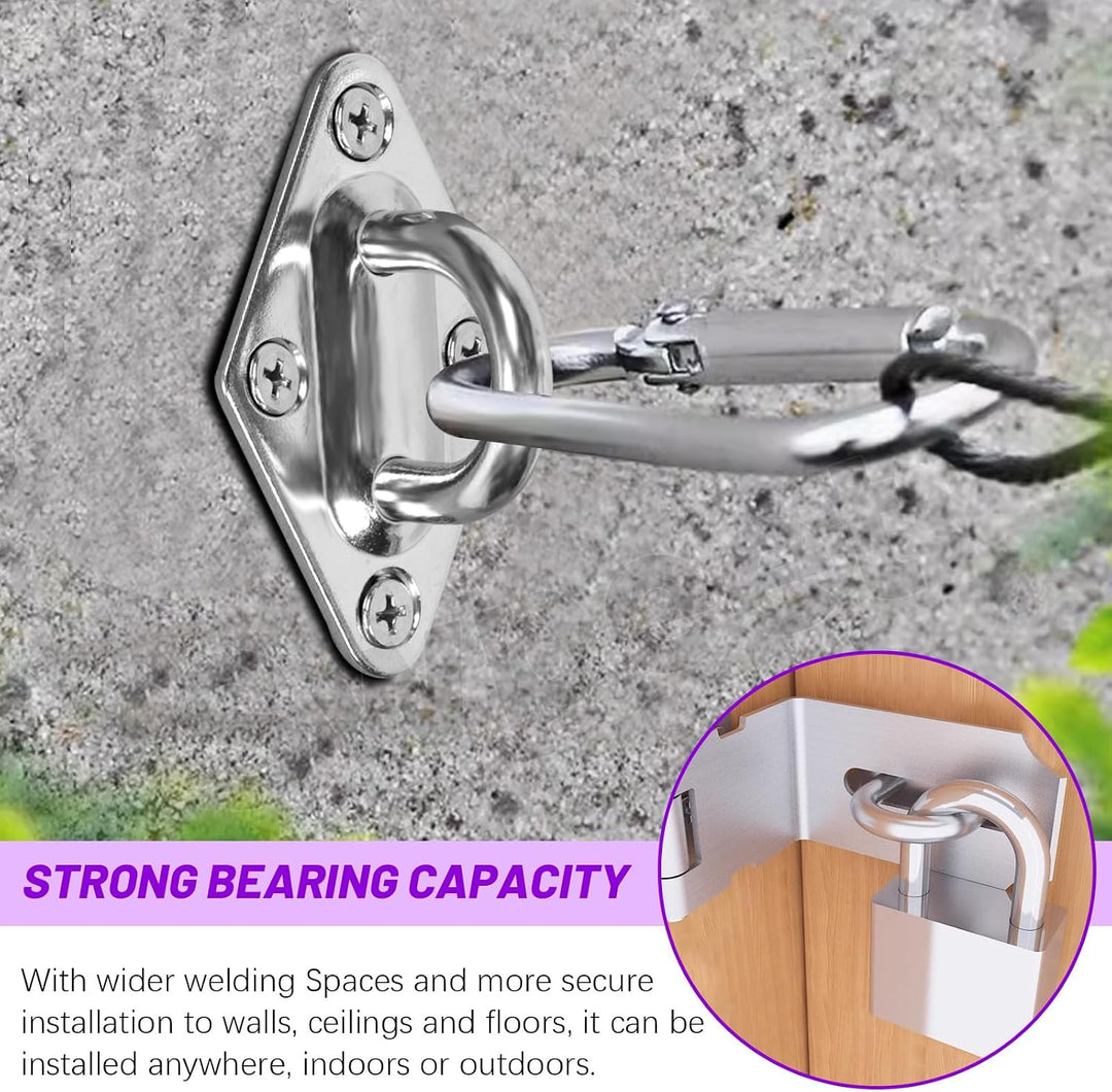 4Pcs M5 304 Stainless Steel Silver Rhombus Pad Eye Plate Hook with Screws and Plastic Anchors Assortment Kit, Marine Hardware Hooks Ceiling U Hook Staple Ring Hook for Securing Hanging