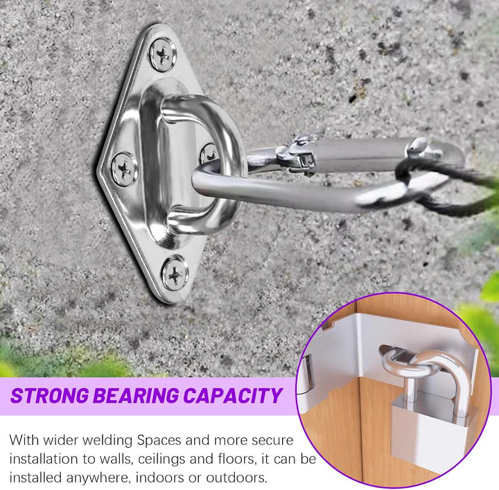 4Pcs M5 304 Stainless Steel Silver Rhombus Pad Eye Plate Hook with Screws and Plastic Anchors Assortment Kit, Marine Hardware Hooks Ceiling U Hook Staple Ring Hook for Securing Hanging