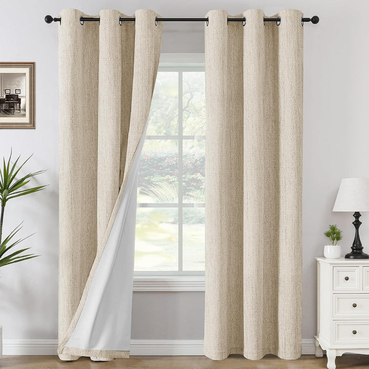 Blackout Curtains, Chenille Linen Curtains 84 inches Long 100% Blackout Curtains for Bedroom, Textured Linen Look Draperies Grommet with White Liner, 2 Panels, Heather Bleached Sand