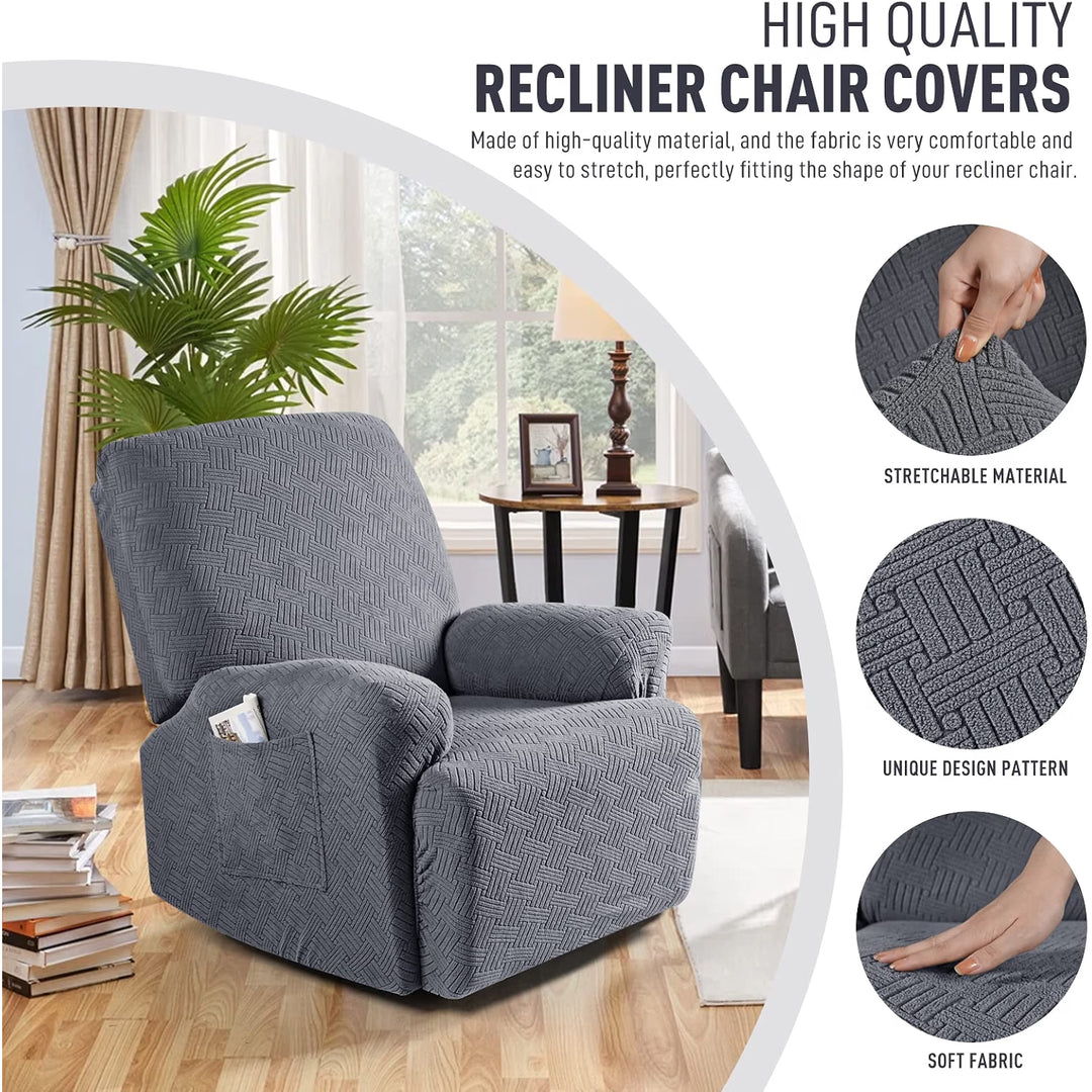Recliner Chair Covers, Stretch Reclining Cover, Dark Gray 1 Seat Jacquard Soft Recliner Slipcovers, Washable Recliner Couch Covers, Furniture Protector Covers with Pocket for Pet Kid
