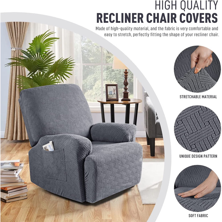 Recliner Chair Covers, Stretch Reclining Cover, Dark Gray 1 Seat Jacquard Soft Recliner Slipcovers, Washable Recliner Couch Covers, Furniture Protector Covers with Pocket for Pet Kid