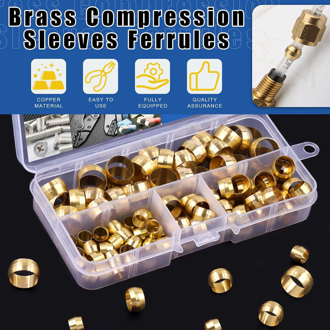 220Pcs Brass Compression Sleeves Ferrules, Tube OD 4mm 6mm 8mm 10mm 12mm 13mm 14mm 16mm Brass Compression Fitting Assortment Kit