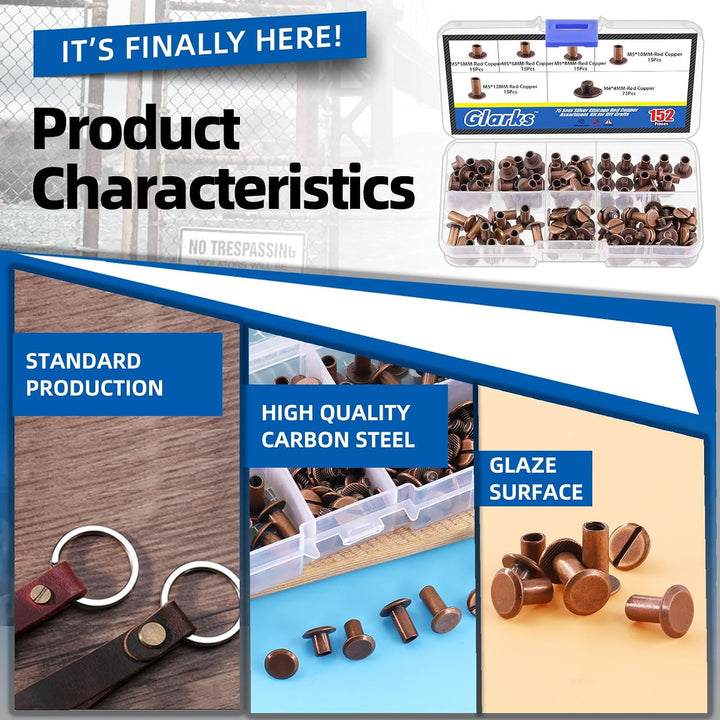 150 Sets Red Bronze Chicago Screws Assorted Kit - M5 x 5mm, 6mm, 8mm, 10mm, 12mm Rivets and 4x4mm Flat Head Stud Screw - Nail Rivet Button Screw Posts Metal Accessories (Red Bronze)