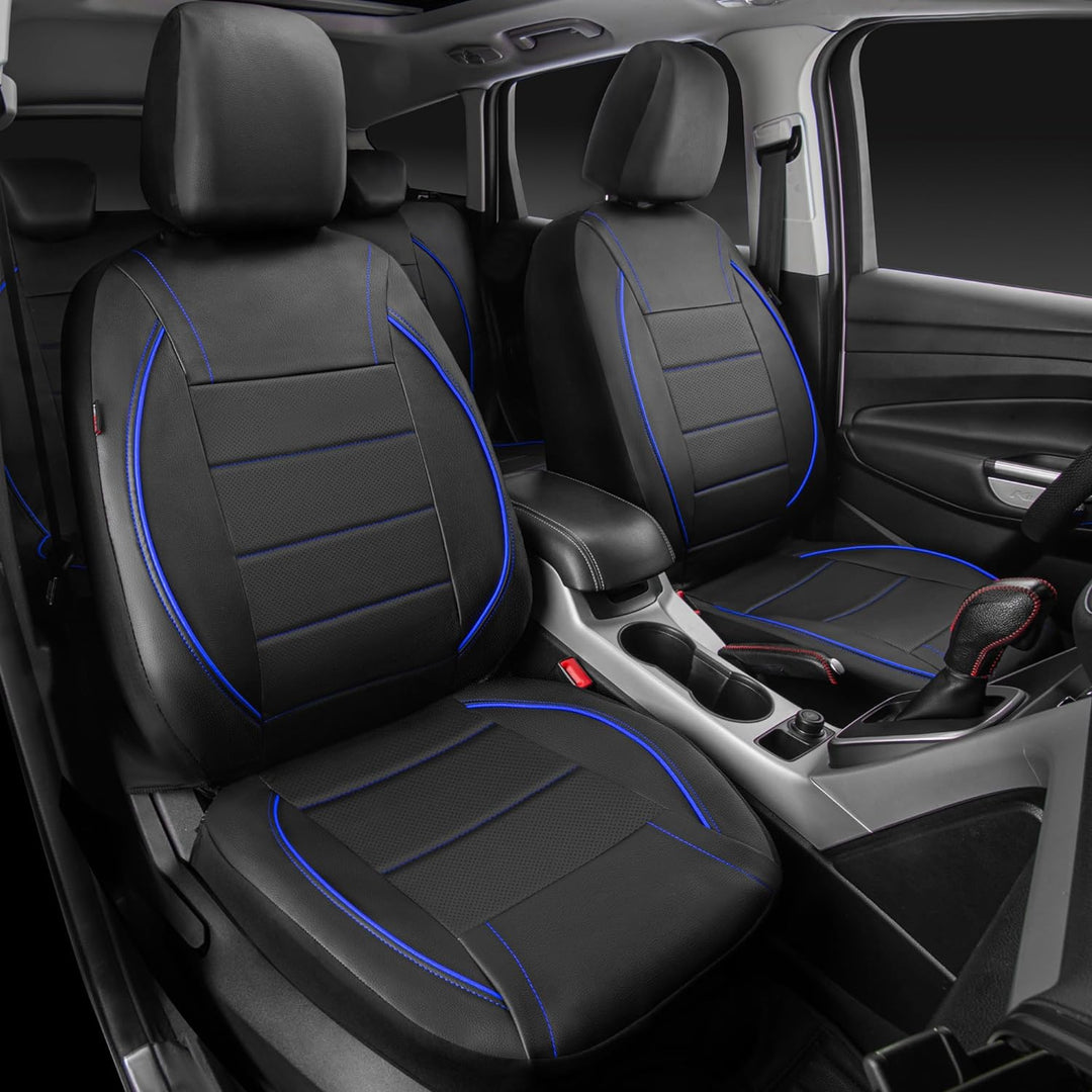 Universal FIT Piping Leather Car Seat Cover, for suvs, Van, Trucks, Airbag Compatible, Inside Zipper Design and Reserved Opening Holes (Full seat Covers, Black and Blue)