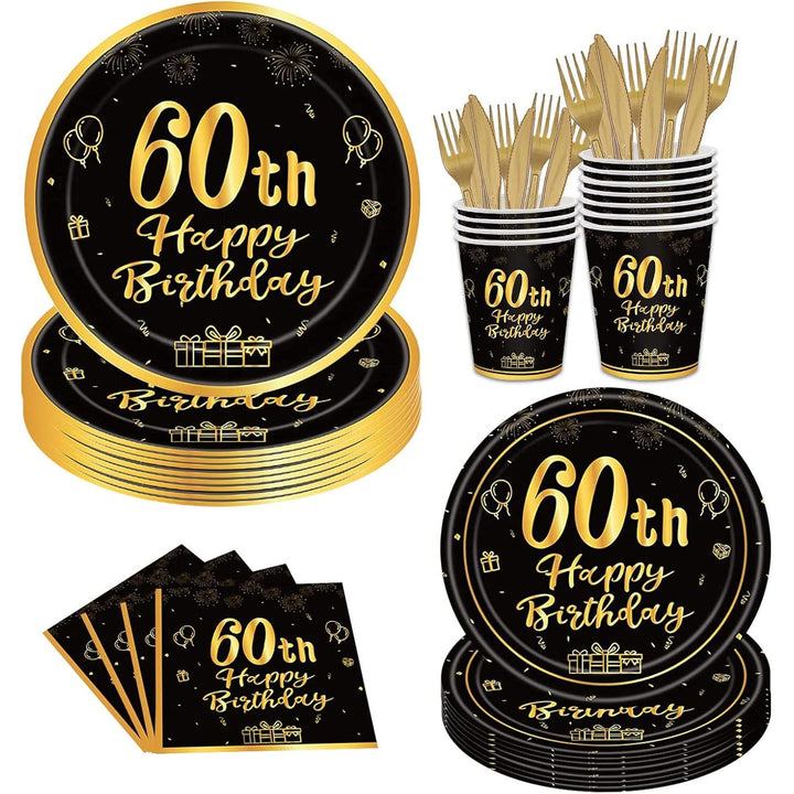 144PCS 60th Birthday Party Supplies Black and Gold 60 Years Birthday Plates and Napkins Tableware Set 60th Party Decorations Including Paper Plates Napkins Cups Forks Serve 24 for Men Women