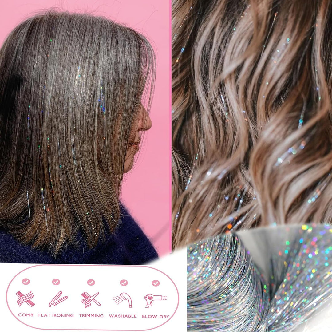 20 Inch Heat Resistant Hair Tinsel Clips - Fairy Kit Glitter Extensions for Women, Girls, and Kids, Ideal Sparkly Christmas Gift (Silver)