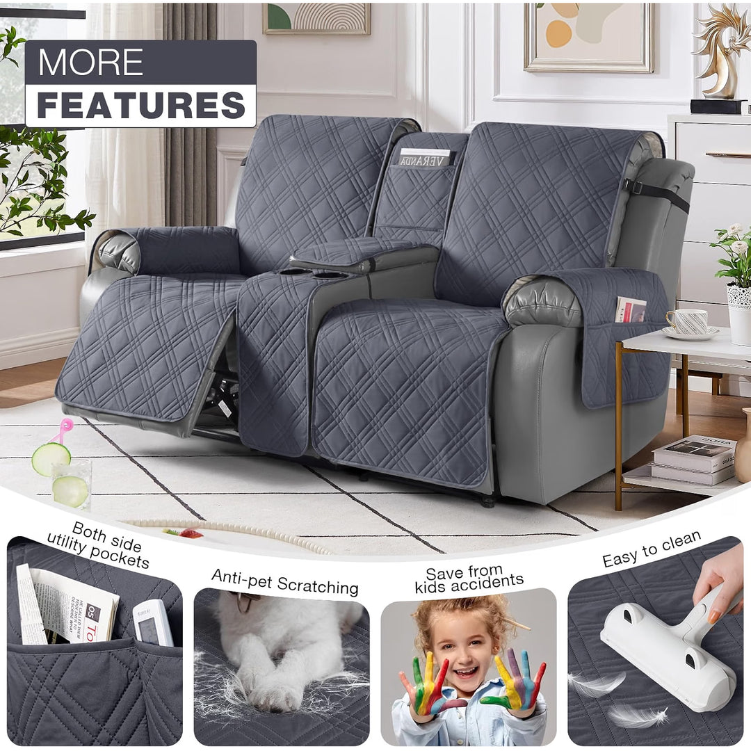 Loveseat Recliner Cover with Console, Non-Slip Pet Cover for Dual Loveseat Recliner, Split Reclining Loveseat Cover Recliner Furniture Protector with Elastic Straps (2 Seater, Dark Grey)