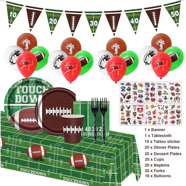 128Pcs Football Birthday Party Supplies; Serves 20 Guests; Includes Plates, Cups, Napkins, Forks, Balloons, Banner, Tablecloth, Tattoos; Football Theme; Perfect for Birthday Parties
