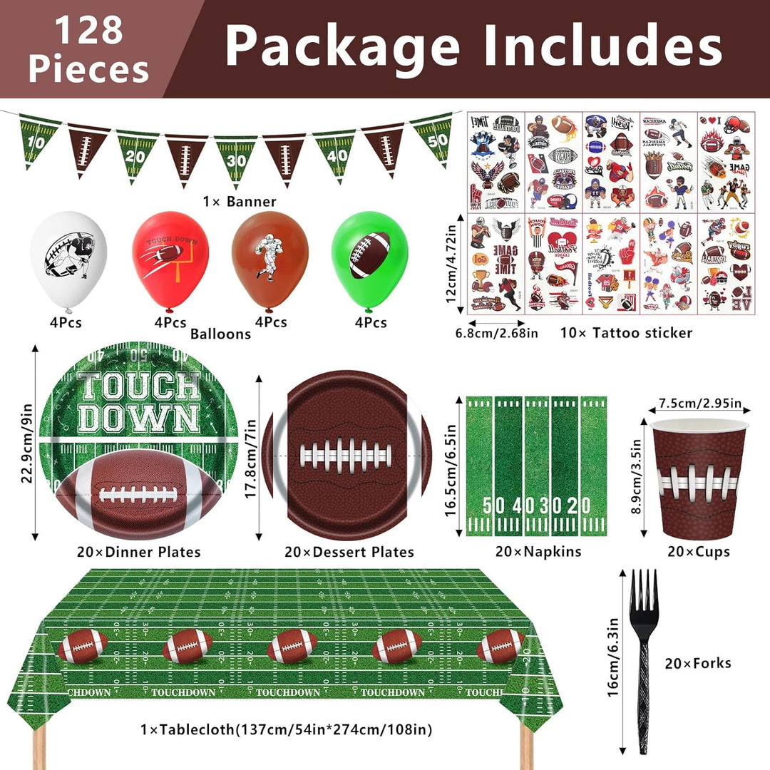 128Pcs Football Birthday Party Supplies; Serves 20 Guests; Includes Plates, Cups, Napkins, Forks, Balloons, Banner, Tablecloth, Tattoos; Football Theme; Perfect for Birthday Parties