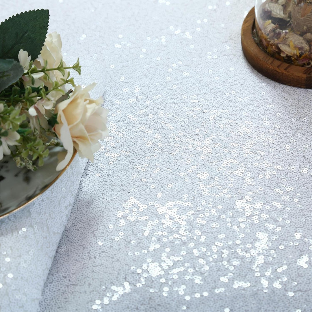 White Sequins Christmas Tablecloth 90x132 Inches Seamless Reversible Sequin Fabric Sequin Fabric for Table Overlays Wedding Birthday Family Gathering