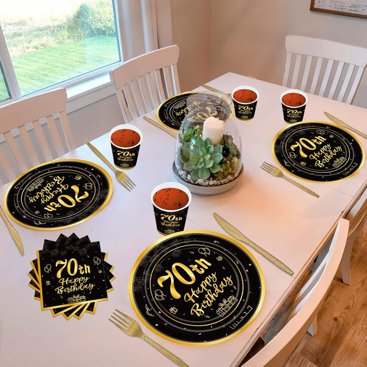 144PCS 70th Birthday Party Supplies Black and Gold 70 Years Birthday Plates and Napkins Tableware Set 70th Party Decorations Including Paper Plates Napkins Cups Forks Serve 24 for Men Women
