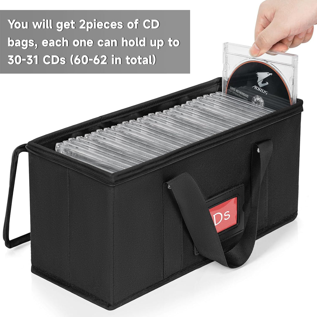 2 Pack CD Storage Boxes, CD Case Holder Organizer with Clear PVC Lid and Index Labels- 13.4"x 6.3"x 5.5" CDs Storage Holder Bags, Each Hold up to 31 CDs Jewel Cases or 170 Discs