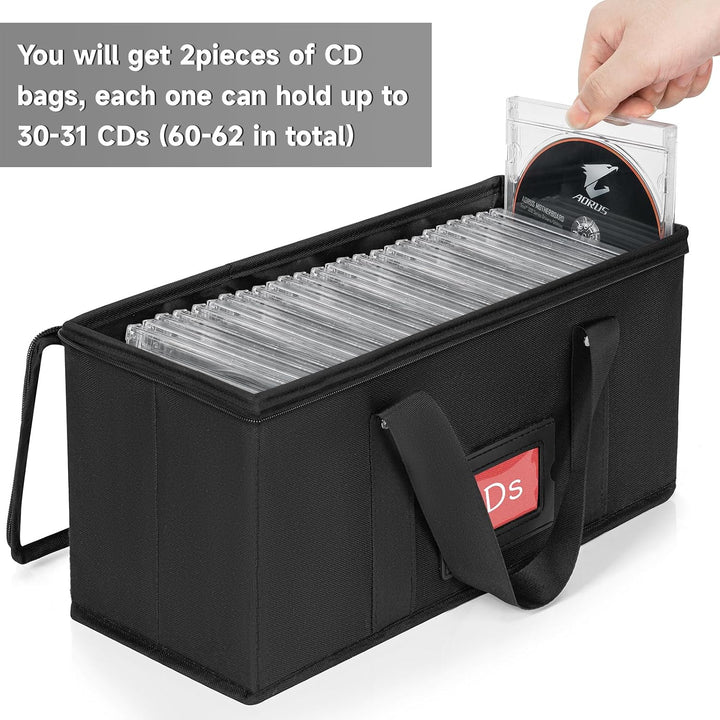 2 Pack CD Storage Boxes, CD Case Holder Organizer with Clear PVC Lid and Index Labels- 13.4"x 6.3"x 5.5" CDs Storage Holder Bags, Each Hold up to 31 CDs Jewel Cases or 170 Discs