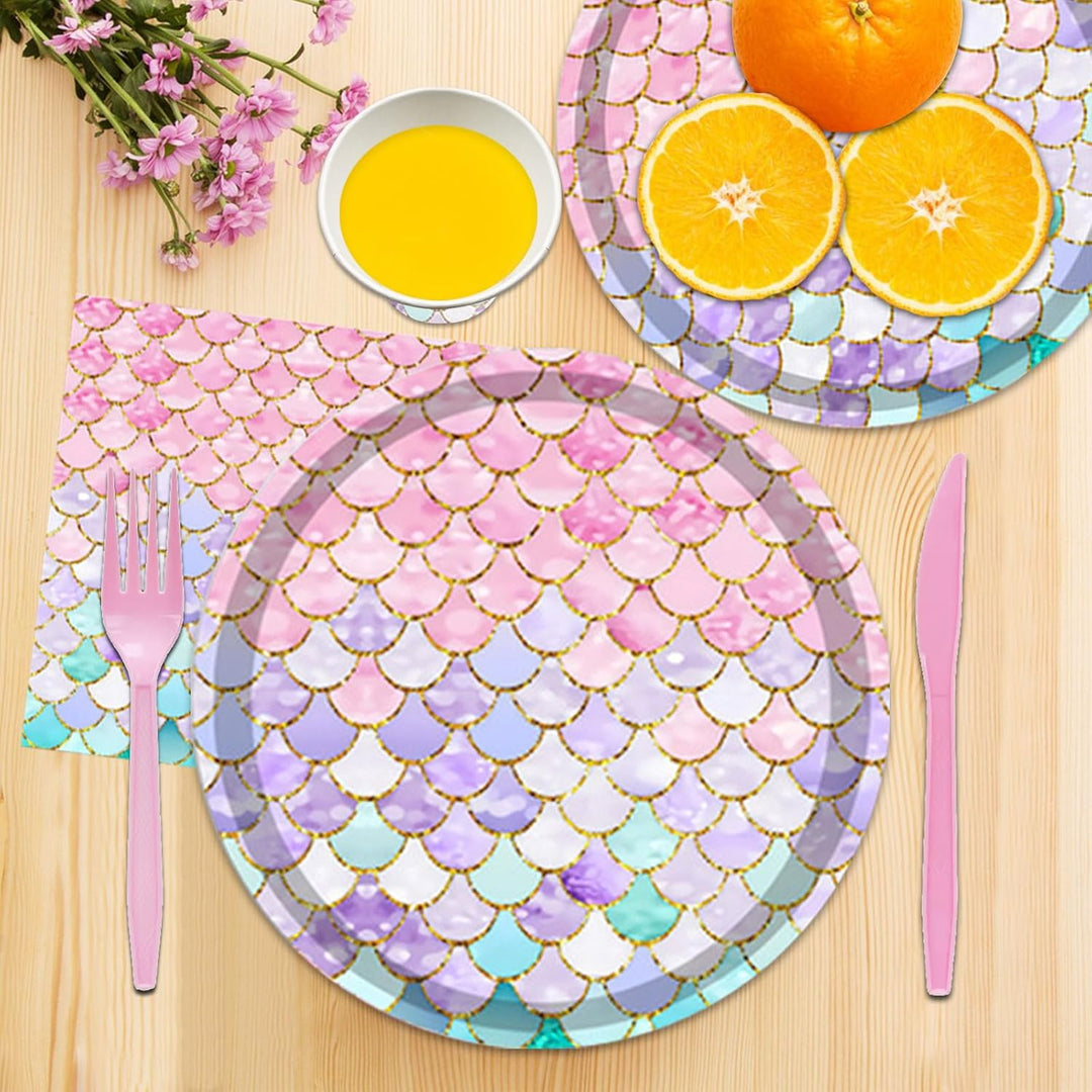 144PCS Mermaid Party Tableware Set Mermaid Birthday Party Supplies Sea-Maiden Plates Napkins Cups Forks Sea-Maiden Party Decorations Birthday Bridal Shower Baby Shower Decoration Serves 24