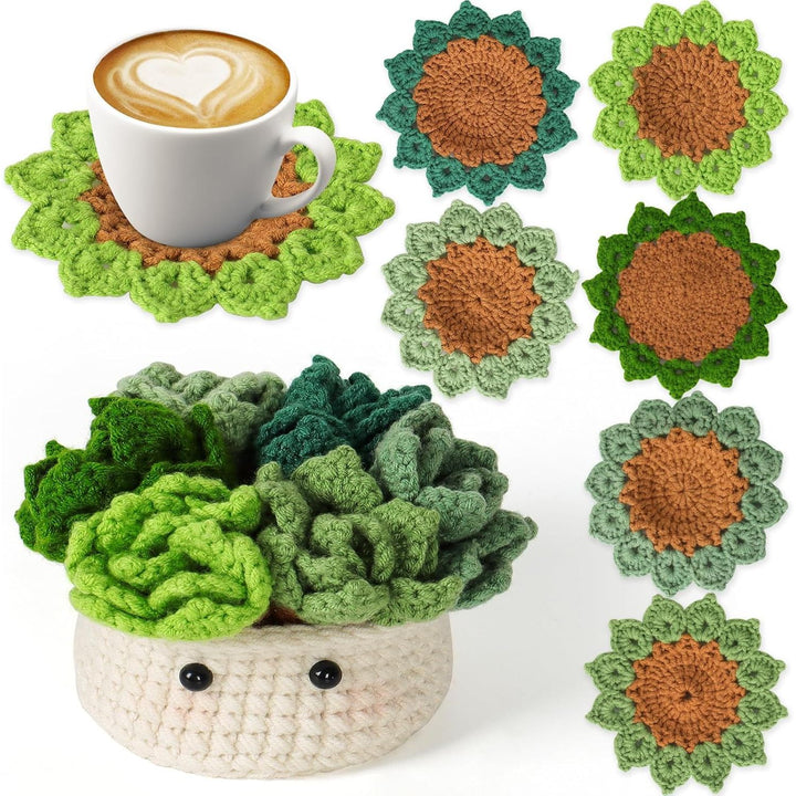 Crochet Kit for Beginners, 6PCS Crochet Coasters Kit, Flower Potted Plant Crochet Kit with Crochet Hook, Colorful Yarn, Stitch Marker, Instruction, Craft Lover DIY Material Tools(Green)