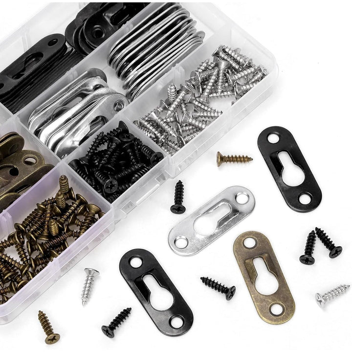 180pcs 45 x 16mm Keyhole Hangers, Silver/Black/Bronze Keyhole Shelf Hanger with Screw, Single Keyhole Hanging Plate for Wall Mounting Coat Rack, Wooden Board, Mug