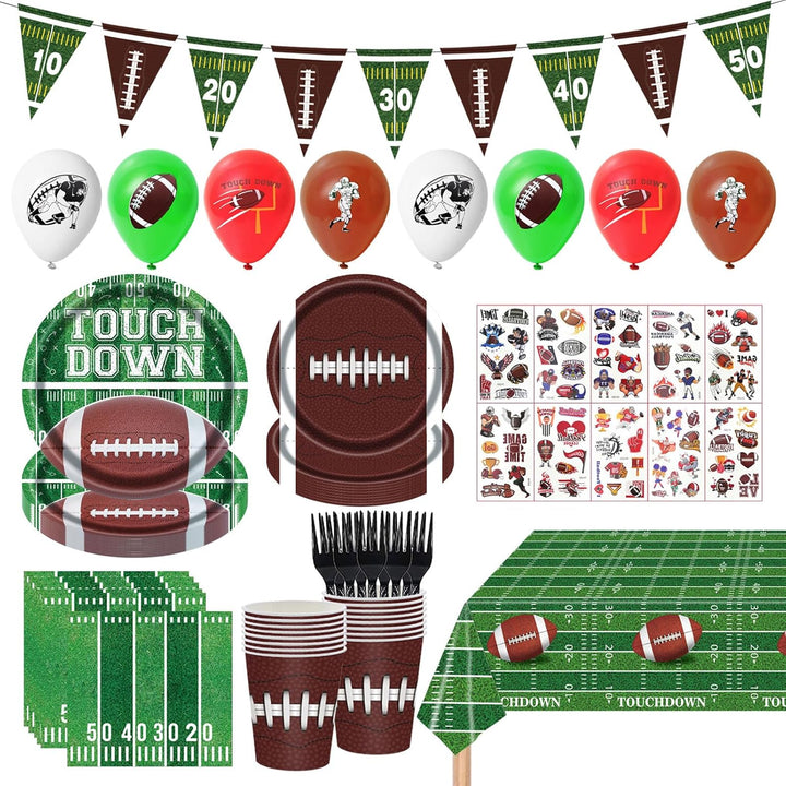128Pcs Football Birthday Party Supplies; Serves 20 Guests; Includes Plates, Cups, Napkins, Forks, Balloons, Banner, Tablecloth, Tattoos; Football Theme; Perfect for Birthday Parties