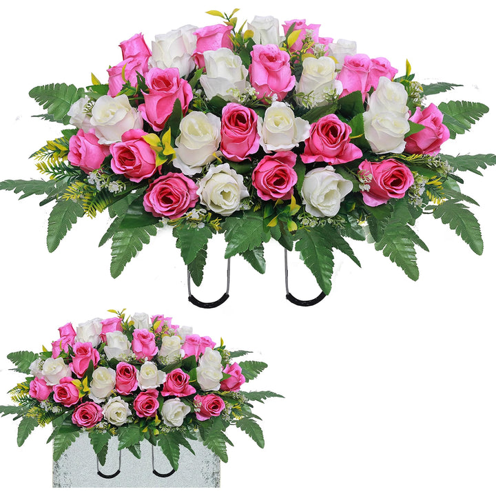 Artificial Cemetery Flower Saddles, Rose Headstone Flower Saddle Outdoor Grave Decorations,Cemetery Memorial Flowers with Vase for Grave Tombstone Decorations (Pink and White, Saddle)