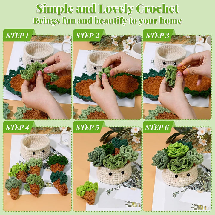 Crochet Kit for Beginners, 6PCS Crochet Coasters Kit, Flower Potted Plant Crochet Kit with Crochet Hook, Colorful Yarn, Stitch Marker, Instruction, Craft Lover DIY Material Tools(Green)