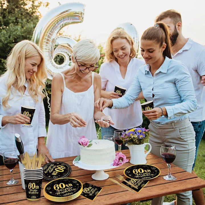 144PCS 60th Birthday Party Supplies Black and Gold 60 Years Birthday Plates and Napkins Tableware Set 60th Party Decorations Including Paper Plates Napkins Cups Forks Serve 24 for Men Women