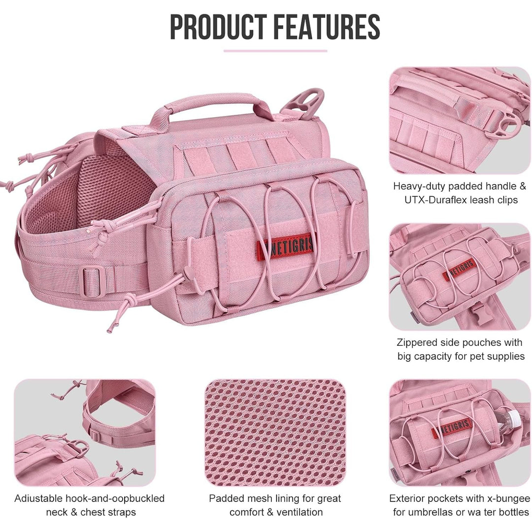 Backpack for Dogs to Wear Pet Back Pack with Padded Handle and Leash Attachment Point for Dog with 17"-23.5" Neck Girth and 25"-31" Chest (Pink, Large)