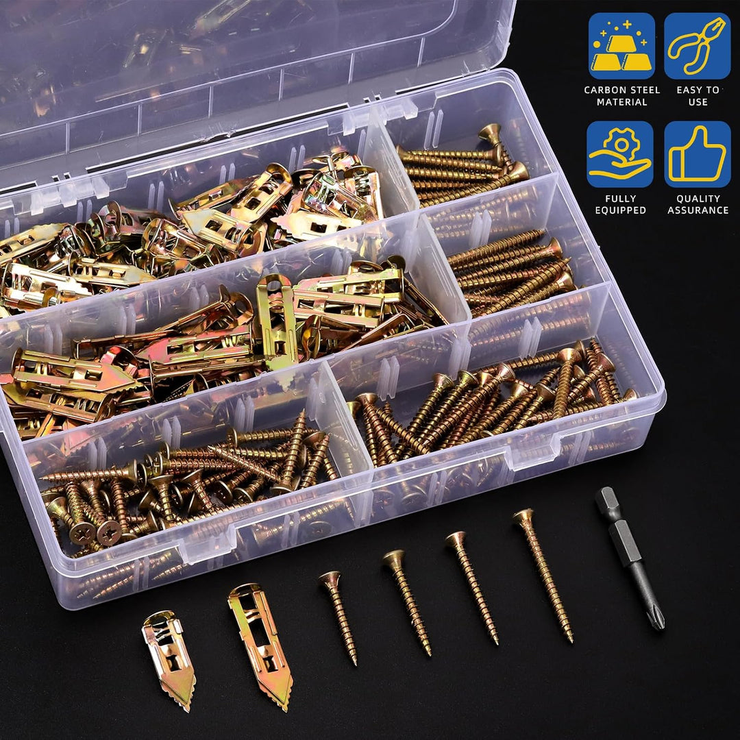 101pcs Drywall Self-Drilling Anchors with Screws Set, 100pcs Carbon Steel Hollow Wall Anchor Tapping Screw with 100pcs Screws and 1pcs PH2 Bit Kit for No Drill or Holes in Wall (Coloured Zinc)