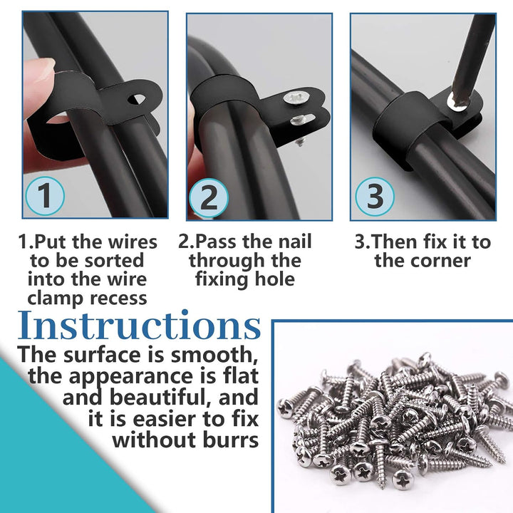 60Pcs 1 Inch Black Nylon Screw Mounting R-Type Cable Clip Wire Clamp with 60Pcs Screws for Wire, Cable, Conduit and Cable Conduit Kit (Black)