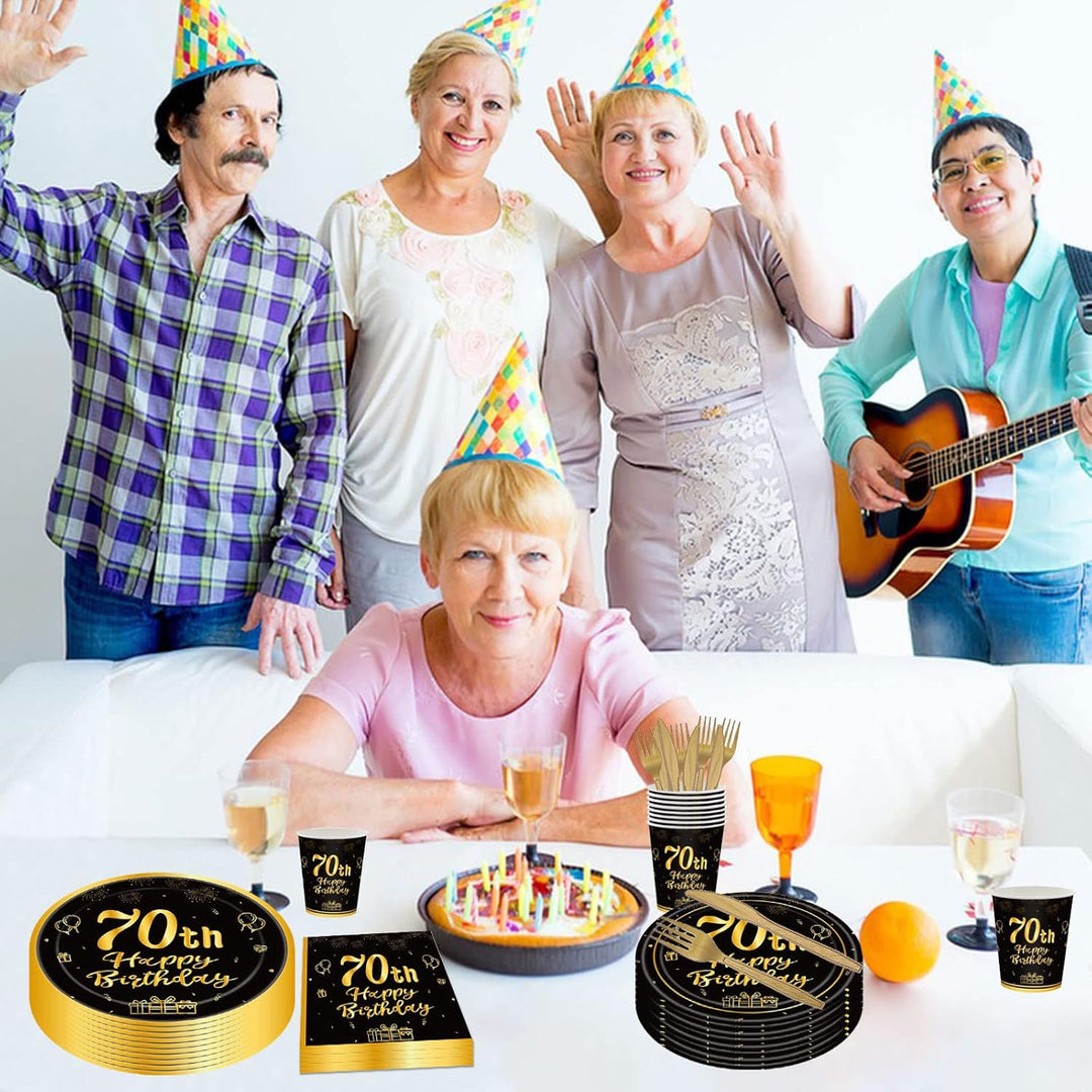 144PCS 70th Birthday Party Supplies Black and Gold 70 Years Birthday Plates and Napkins Tableware Set 70th Party Decorations Including Paper Plates Napkins Cups Forks Serve 24 for Men Women
