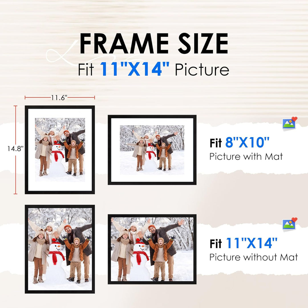 11x14 Picture Frame 2 Pack, Black Collage Wall Decor with HD Plexiglass, Display 8x10 with Mat or 11x14 Without Mat