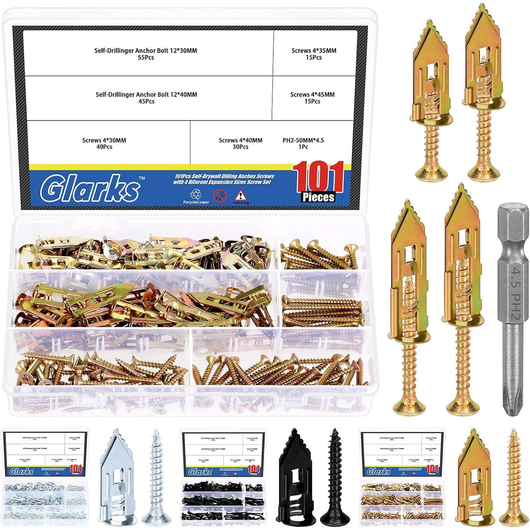101pcs Drywall Self-Drilling Anchors with Screws Set, 100pcs Carbon Steel Hollow Wall Anchor Tapping Screw with 100pcs Screws and 1pcs PH2 Bit Kit for No Drill or Holes in Wall (Coloured Zinc)