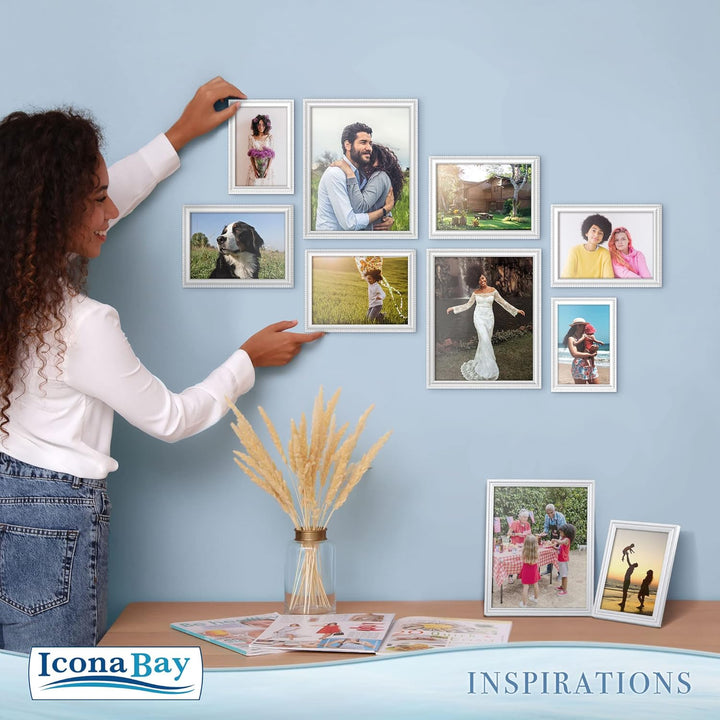 5x7 (13x18 cm) Picture Frames, Beautifully Detailed Molding, Contemporary Picture Frame Set, Wall Mount or Table Top, Inspirations Collection,  (White, 6 Pack)
