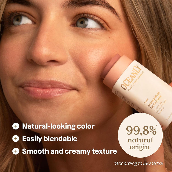 ATTITUDE Oceanly Lightweight Blush Stick, Titanium Dioxide-Free, EWG Verified, Plastic-Free, Vegan Makeup, Rose, 8.5g