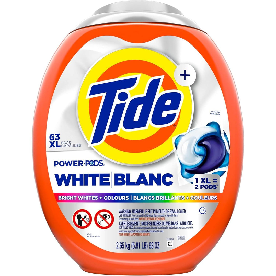 Tide Power PODS White Laundry Detergent Pacs Brilliant Whitening + Color Protect, 63XL Count