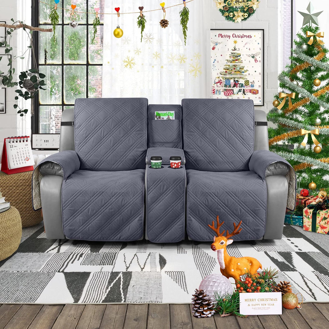 Loveseat Recliner Cover with Console, Non-Slip Pet Cover for Dual Loveseat Recliner, Split Reclining Loveseat Cover Recliner Furniture Protector with Elastic Straps (2 Seater, Dark Grey)