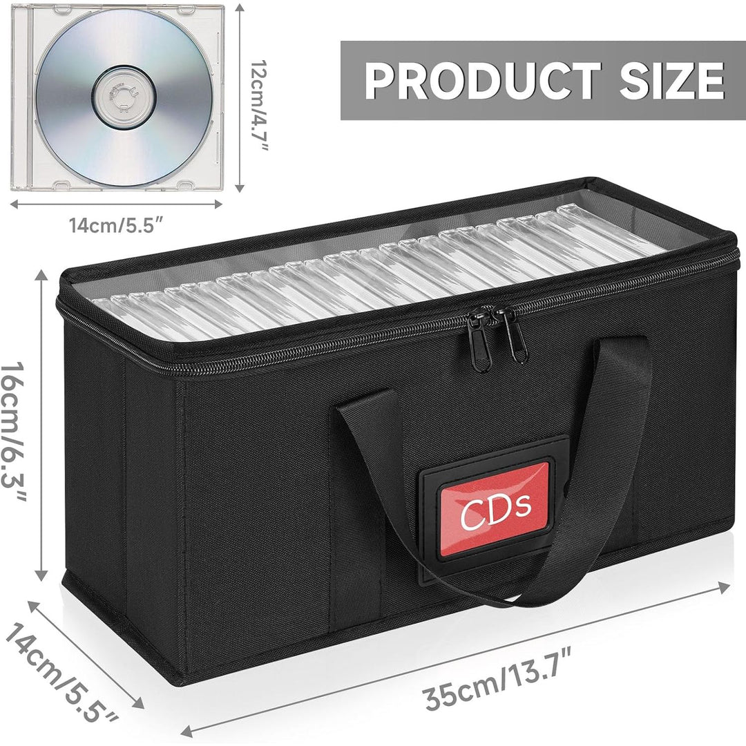 2 Pack CD Storage Boxes, CD Case Holder Organizer with Clear PVC Lid and Index Labels- 13.4"x 6.3"x 5.5" CDs Storage Holder Bags, Each Hold up to 31 CDs Jewel Cases or 170 Discs